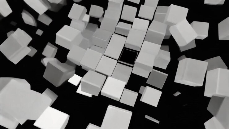 Abstract Animation of Floating White Cubes on Black Background