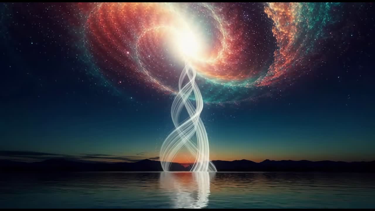 Cosmic light spiral over tranquil lake