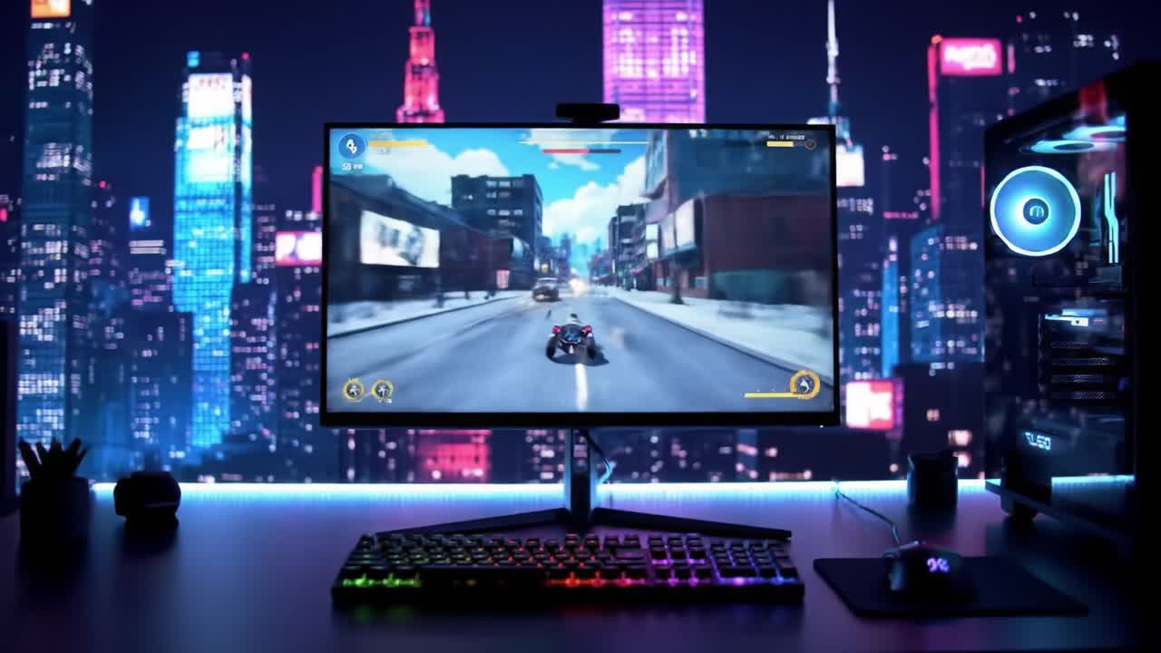 Dynamic Gaming Setup with Neon Cityscape Illuminated at Night, Featuring High-Performance Monitor and Vibrant RGB Keyboard for Immersive Gameplay Experience