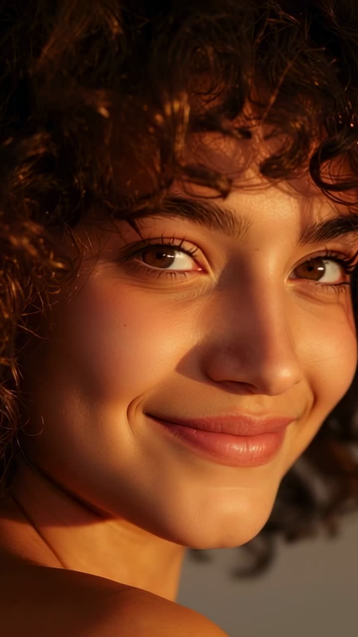 Video verticale: donna disegnata dal sole che inclina il viso, sorride, muove gli occhi sotto il sole caldo, spalle scoperte