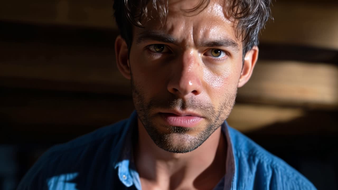 Primo piano intenso di un uomo concentrato con espressione determinata e illuminazione drammatica, che cattura un momento di emozione pura e concentrazione in una scena che fa riflettere.