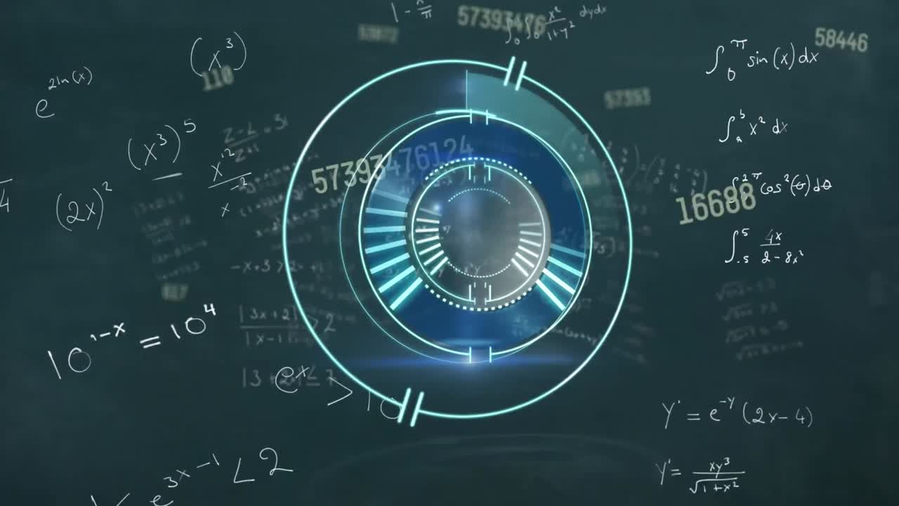 Animation of mathematical equations and scope scanning on black background