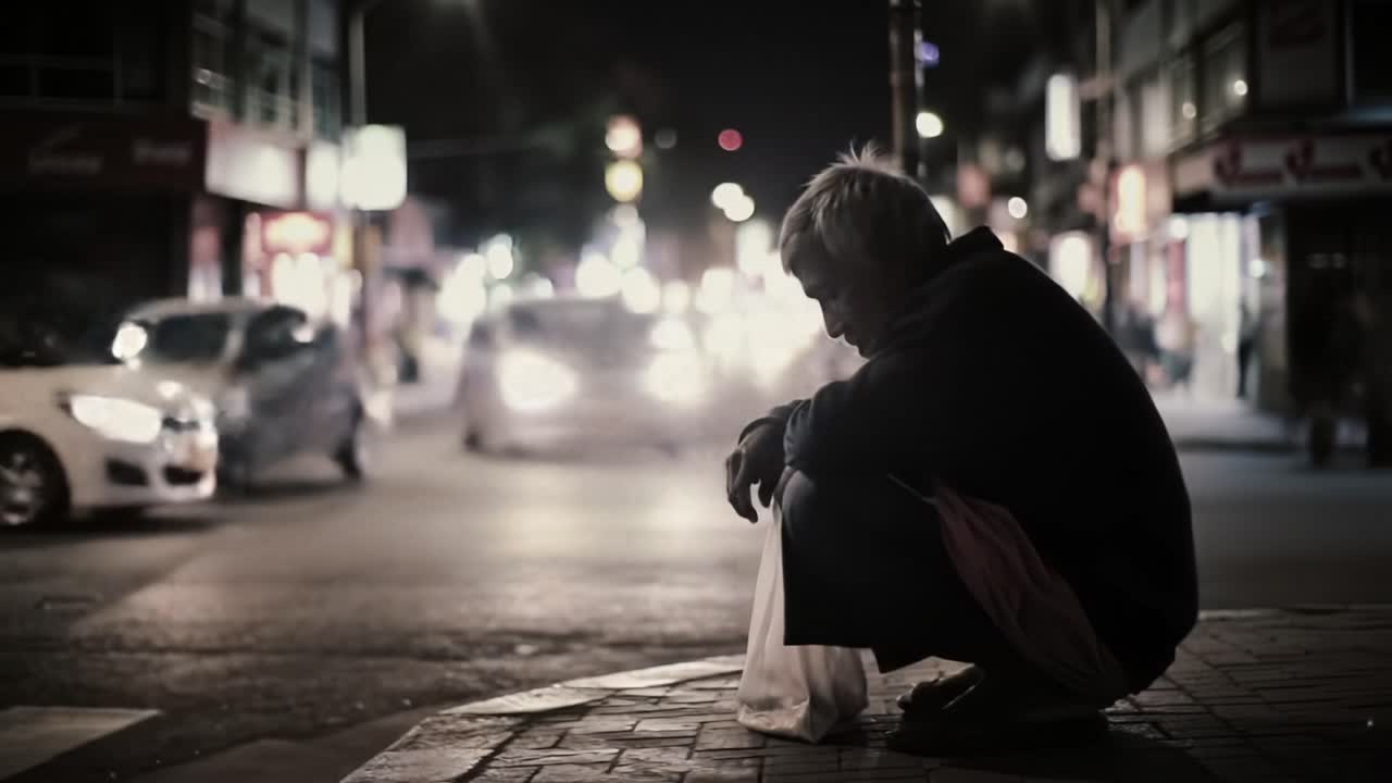 In a quiet moment of solitude, an individual sits on the curb, lost in thought amidst the bustling activity of the nighttime city. Bright lights and passing cars create a vivid backdrop.