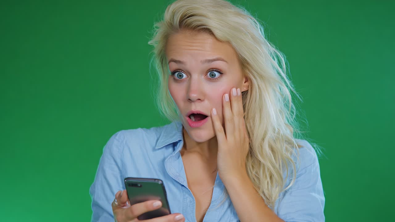 A Surprised Expression Revealed: Capturing the Moment of Shock and Curiosity on a Young Woman’s Face While Interacting with Her Smartphone