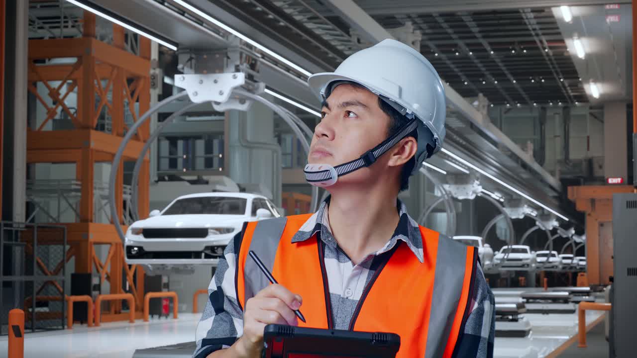 안전 헬을 입은 아시아 남성 엔지니어가 태블릿에 메모를 하고 ev 자동차 공장에서 서 있는 동안 주변을 둘러보고 있습니다.