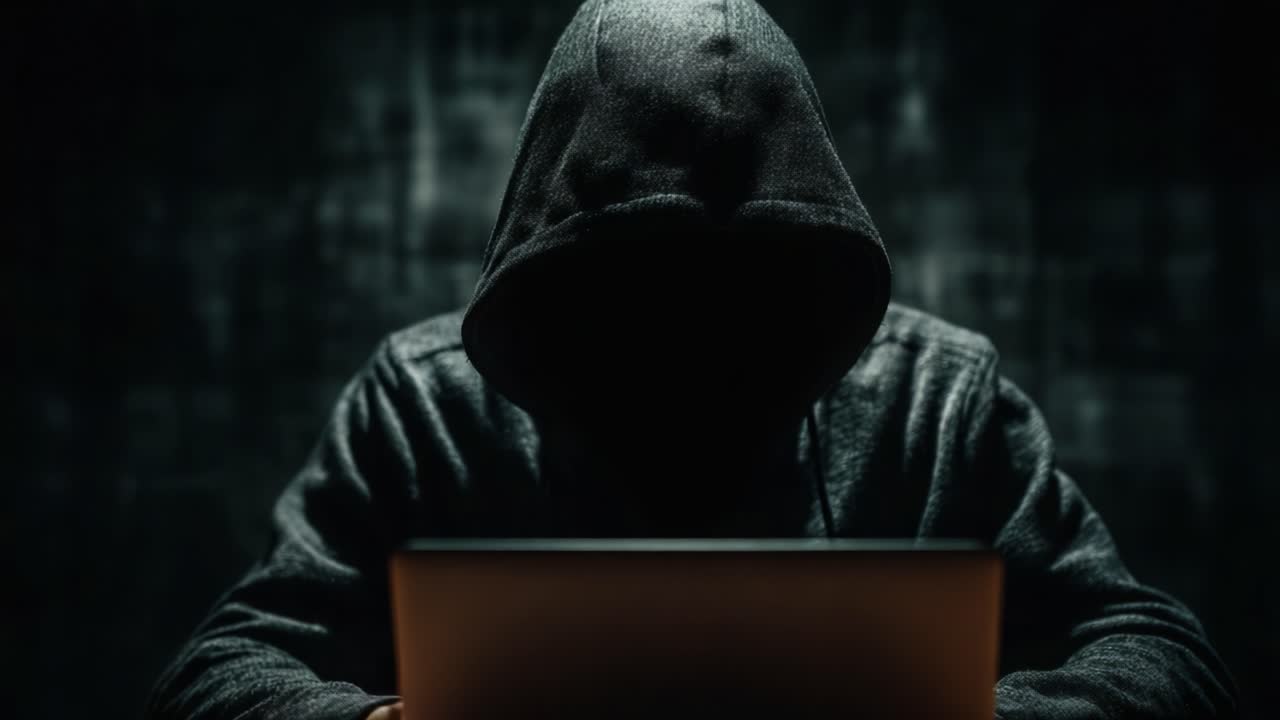 Mysterious Figure in Hooded Cloak Engaged in Unknown Activities on Laptop, Representing the Dark Side of Technology and Cybersecurity Challenges in the Digital Age