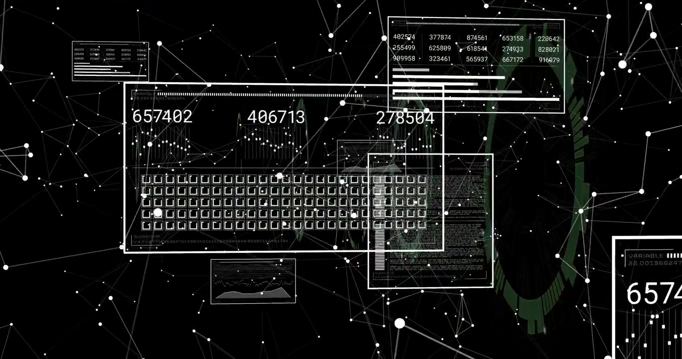 Noder aktiverer grønn HUD, tastatur roterer og pulserer, UI-vinduer stables for sanntidsovervåking