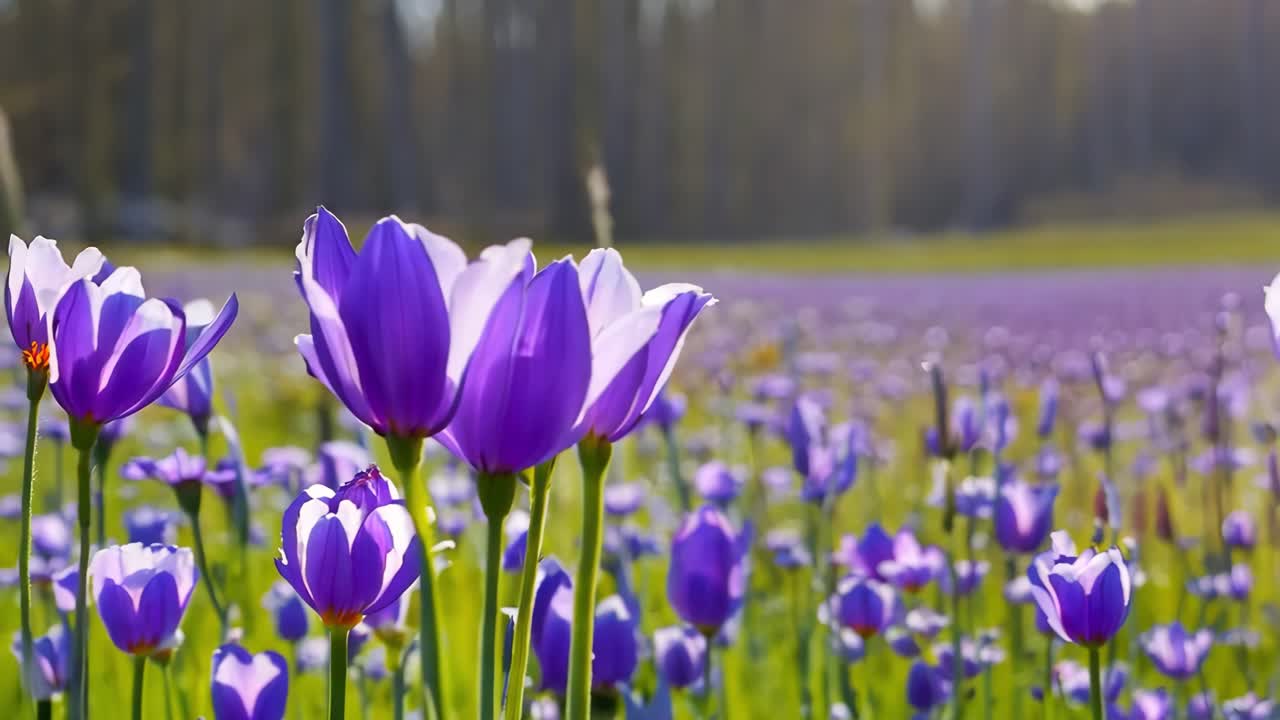 Purple and white tulips gently swaying in sunlight, revealing delicate petals dancing across expansive spring meadow with vibrant green landscape spreading beneath bright sky