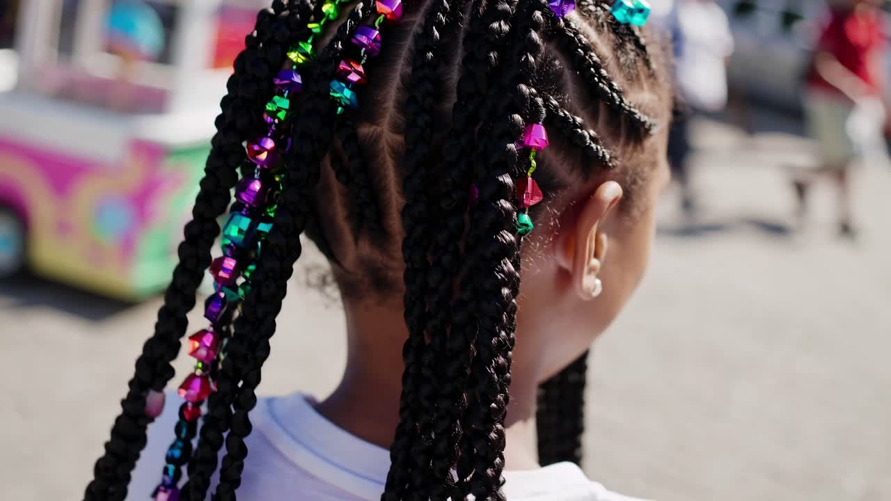 Close up of a young girl with intricately braided hair adorned with vibrant beads, enjoying a lively outdoor festival with colorful food trucks and blurred figures in the background