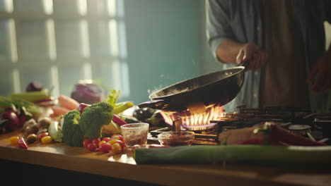 cooking vegetables in wok