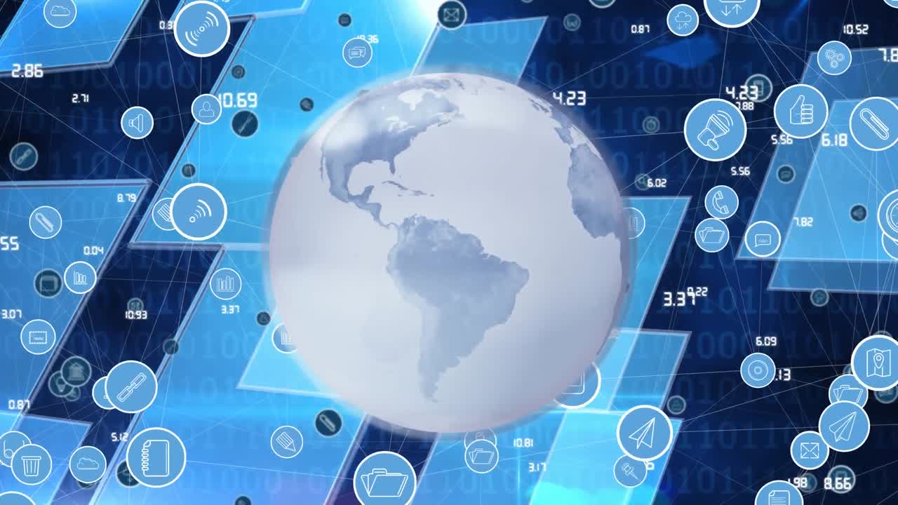 전 세계와 블루 스크린 위의 디지털 아이콘의 애니메이션과 배경에 바이너리 코딩