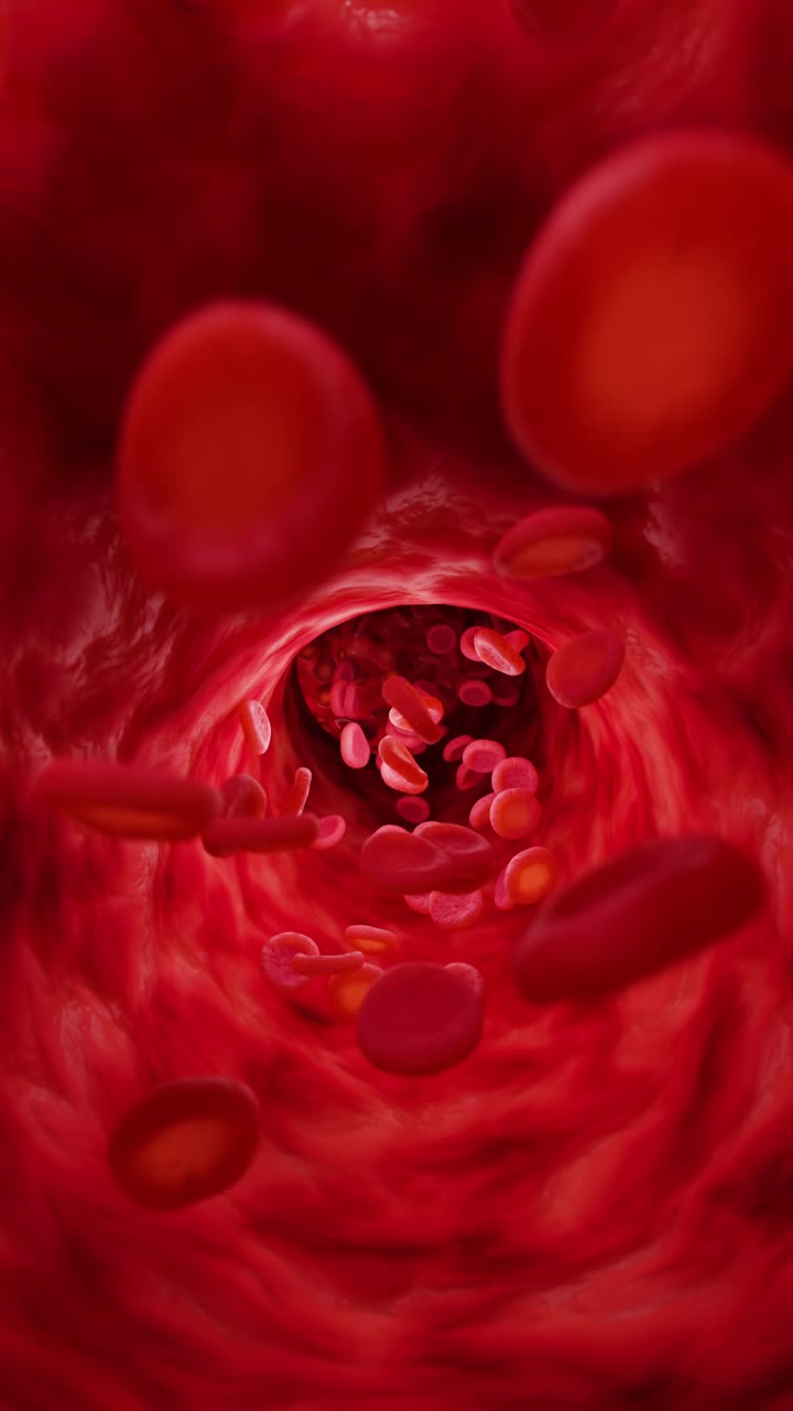 glóbulos rojos en la arteria. video en bucle vertical