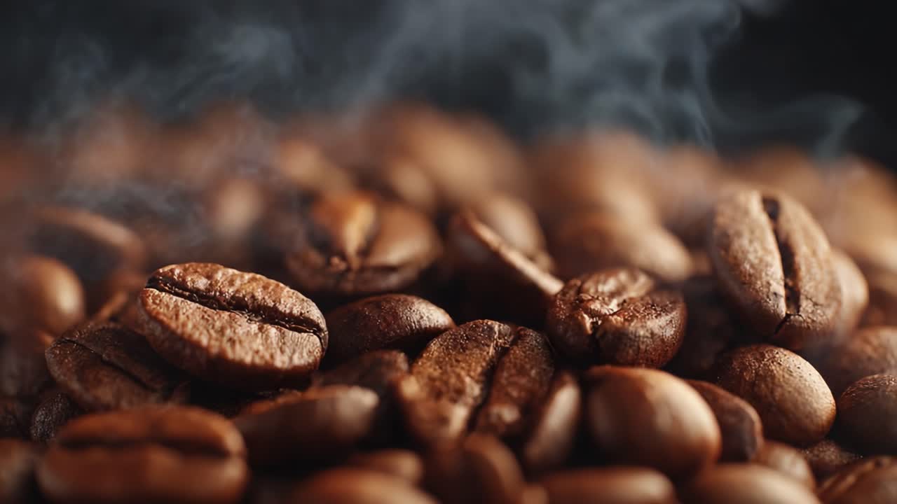 Fængslende nærbillede af dampende, friskristede kaffebønner: En sanseoplevelse af aroma og fyldig smag, mens de venter på at blive brygget til perfektion