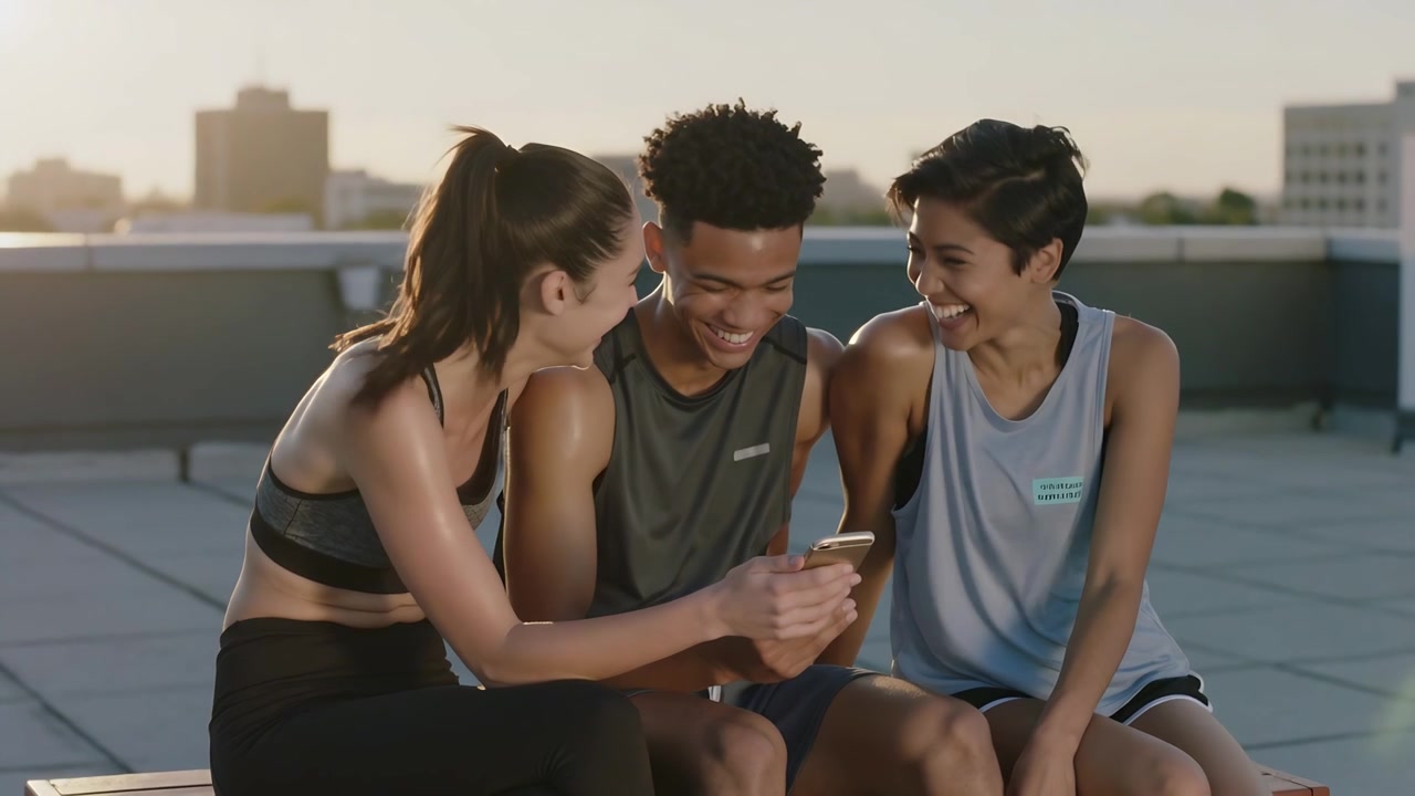Tapping left woman scrolling phone on roof bench, trio in workout clothes sharing clip and laughing