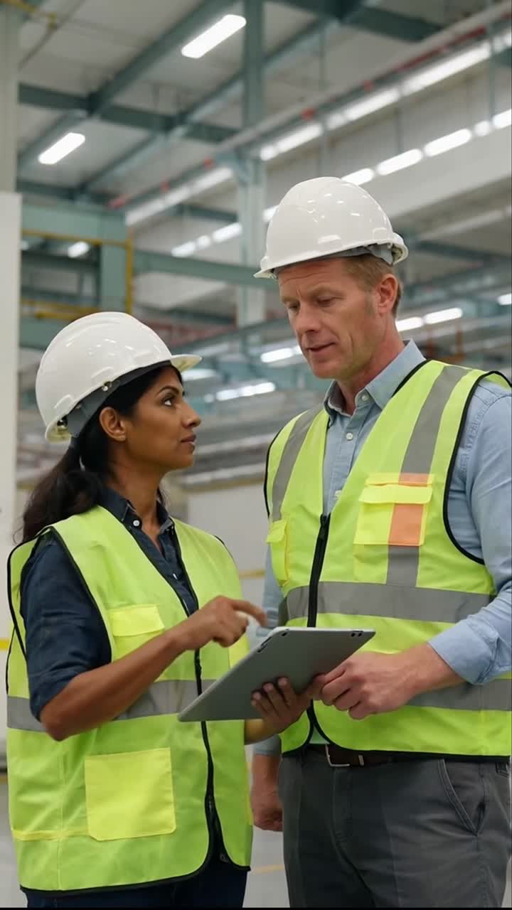 Two Engineers with Hard Hats Discussing Plans on a Tablet in a Factory