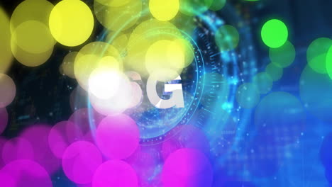 Bunte-Bokeh-Lichter-Und-5G-Textanimation-über-Digitalem-Netzwerkhintergrund