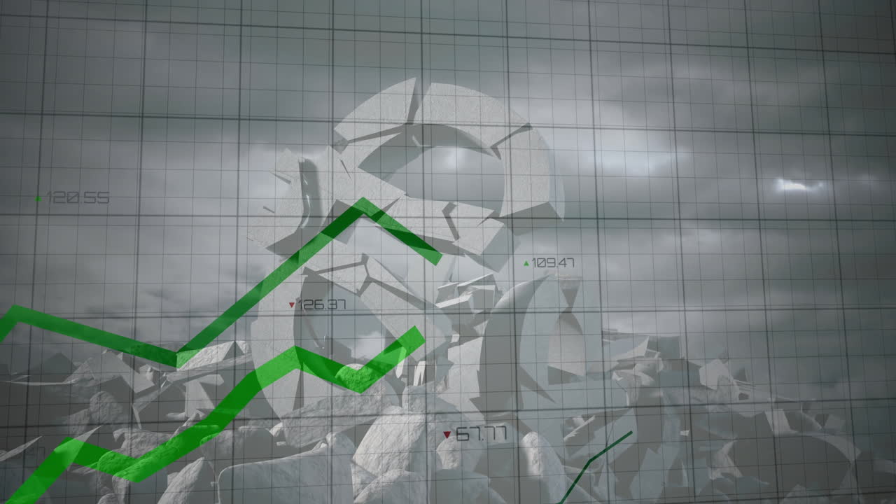 부러진 유로 기호와 구름이 가득한 하늘 위에 금융 데이터 처리의 애니메이션