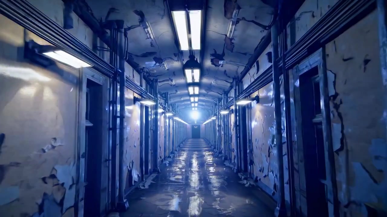 A dimly lit, eerie hallway with peeling walls captured in a first-person perspective