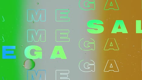 animación del texto de mega venta en primer plano de líquidos y bolas