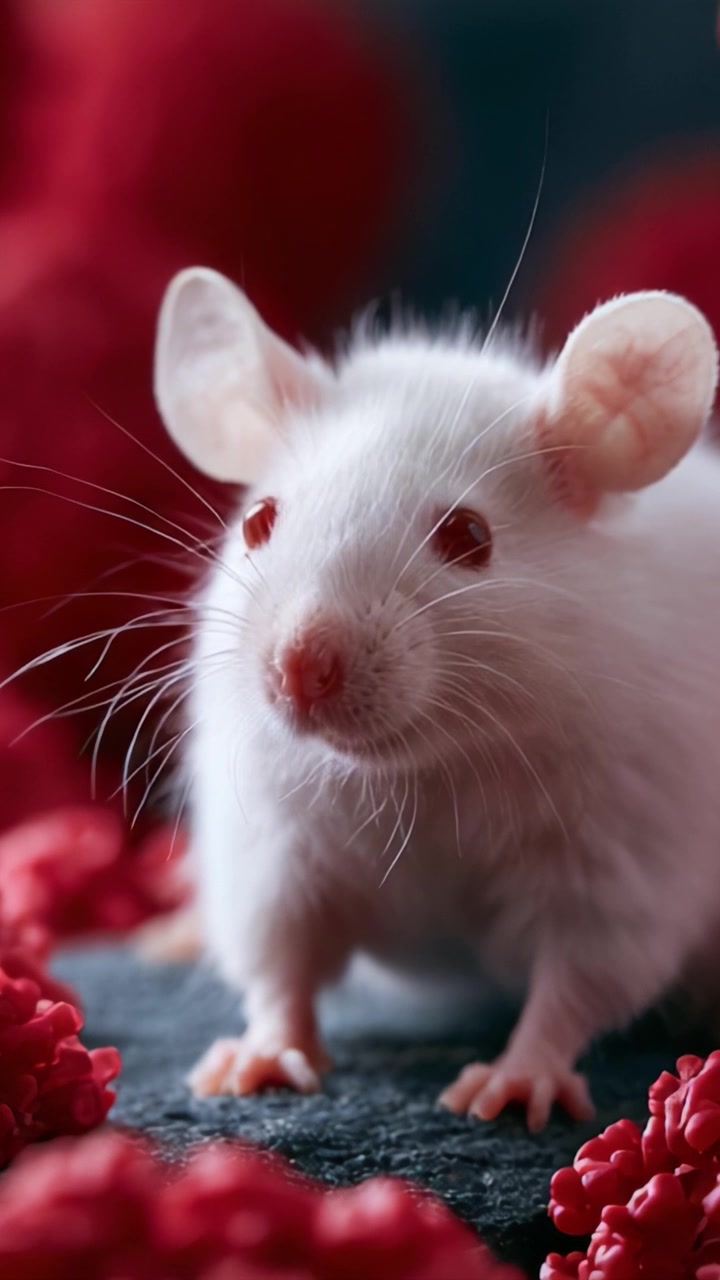 Un adorabile topolino bianco circondato da uno sfondo rosso vivido, catturato in dettaglio per mostrare le sue caratteristiche e l'ambiente.