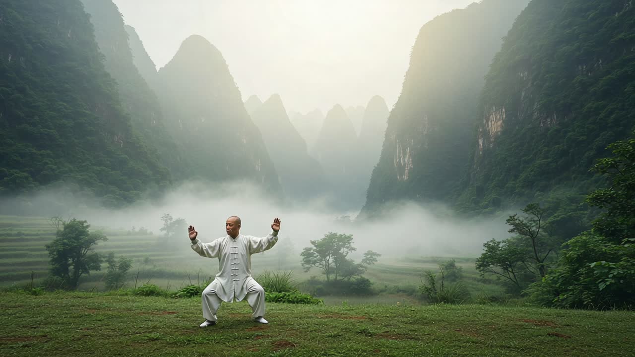 A Tranquil Mastery of Tai Chi Amidst Breathtaking Scenic Mountains: Embracing Nature and Serenity with Each Fluid Movement and Breath in Harmony with the Surroundings