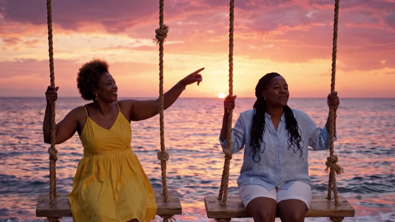 Two Friends Enjoying a Beautiful Sunset on a Beach Swing, Capturing Moments of Joy and Connection Against a Stunning Natural Backdrop