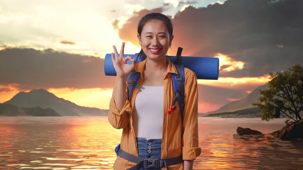 Asian Female Hiker With Mountaineering Backpack Smiling And Showing Okay Gesture To Camera While Standing At A Lake During Sunset Time