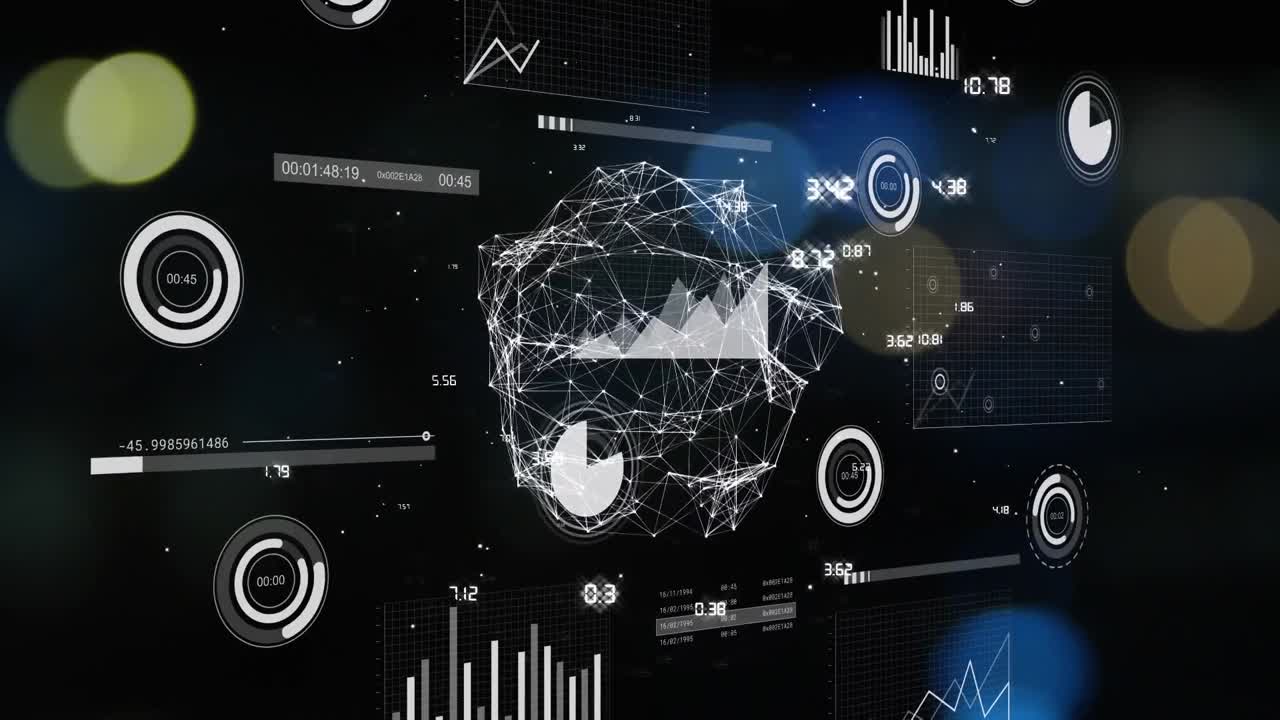 Animation of interface with data processing over globe of network of connections and spots of light