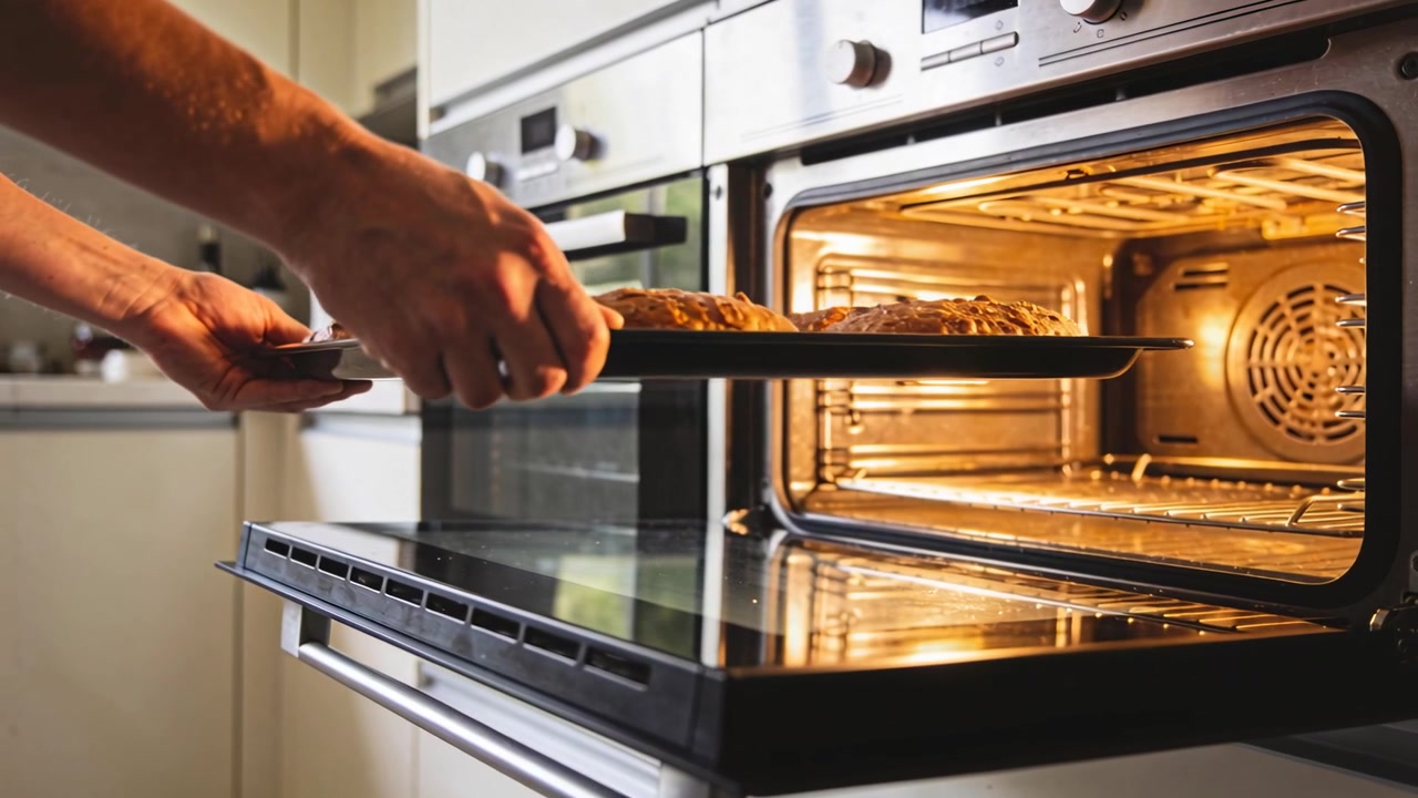 Aprendo la porta del forno in una cucina domestica, un uomo con gli avambracci scoperti che rimuove una teglia di metallo per far raffreddare due pagnotte