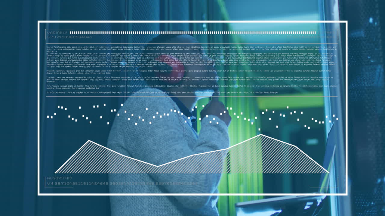 Animation of graphs, loading bar, african american engineer wearing headphone checking servers