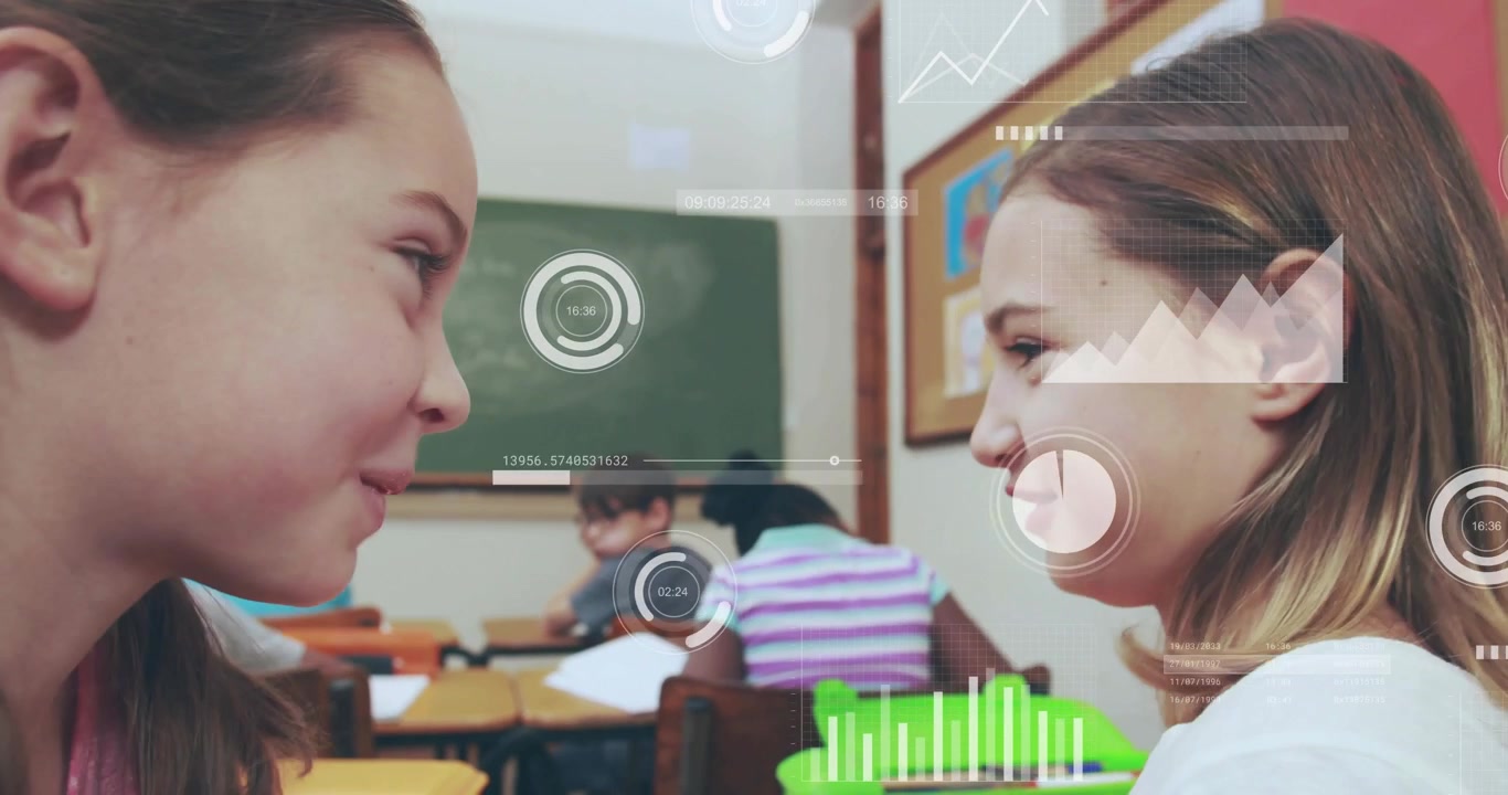 Two girls whispering, sharing secret after left girl cupping ear in class, HUD circling smiles