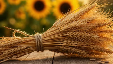 a beautiful arrangement of wheat stalks with the bright sunflowers in the background, capturing the essence of a warm, golden summer day