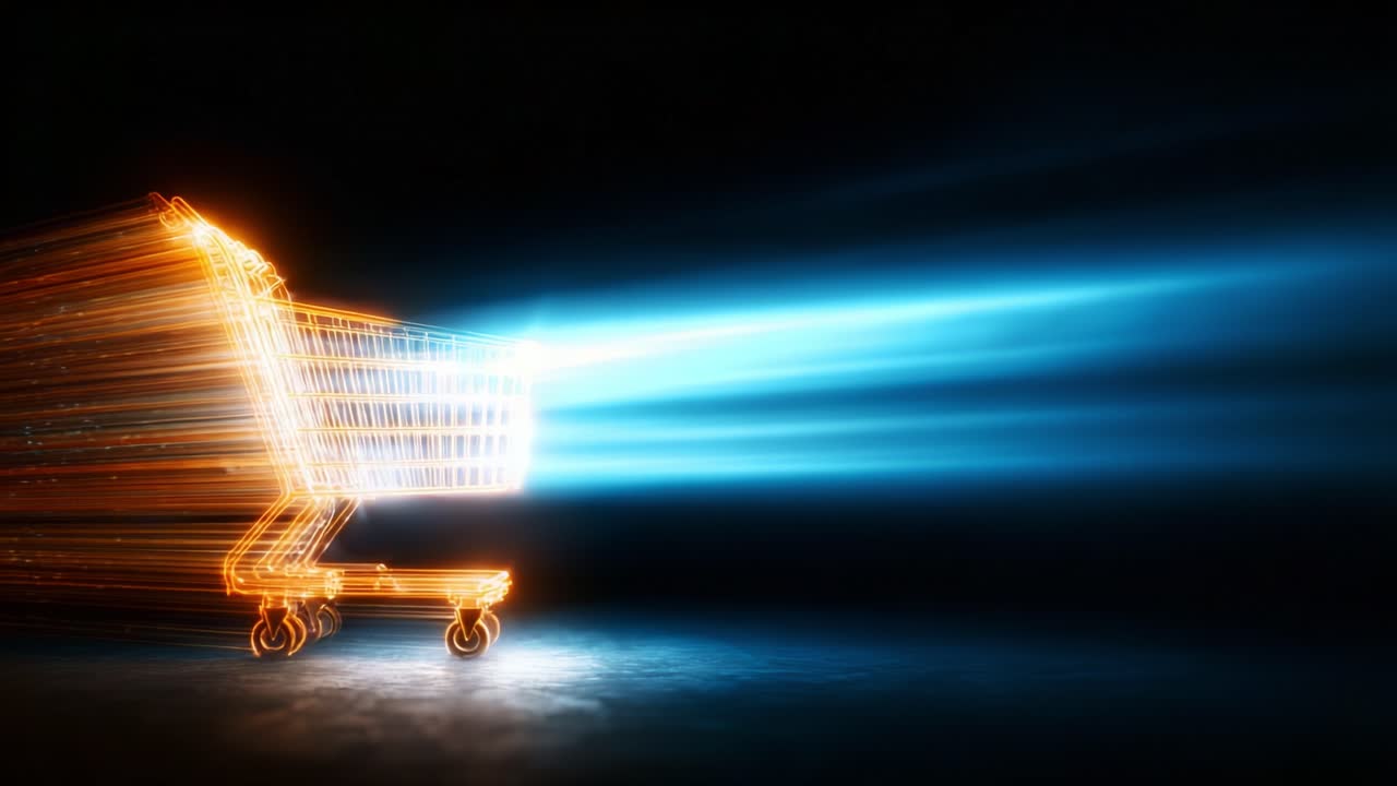 The Evolution of Online Shopping: A Futuristic Vision with a Shopping Cart Zipping Through a Digital Landscape, Surrounded by Lights and Colors Representing E-commerce Dynamics