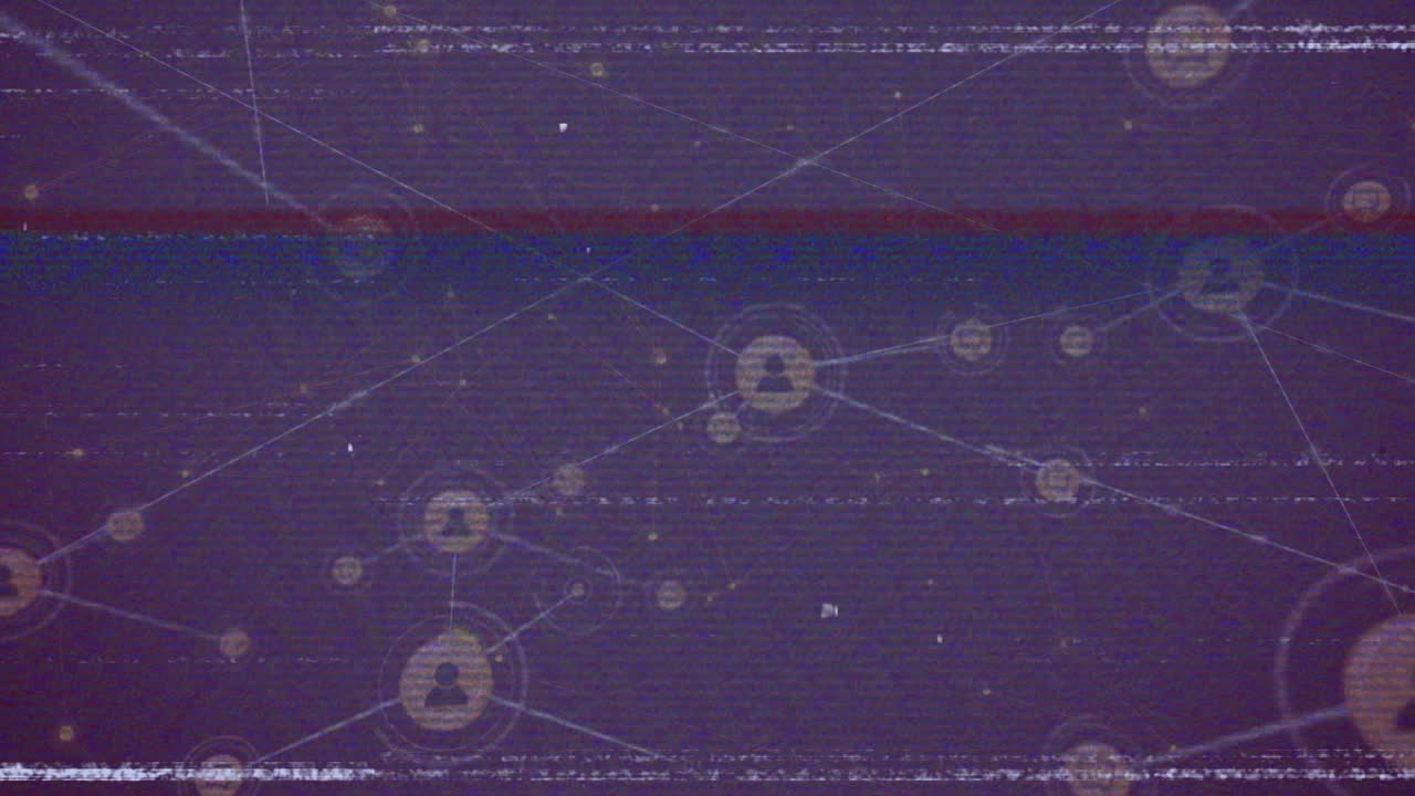 Animation of interference over network of connections with icons on black background