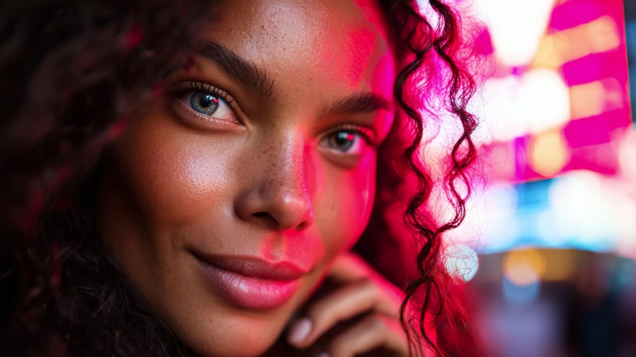 Captivating Close-Up of a Beautiful Woman with Curly Hair Against a Vivid Background of Colorful Neon Lights, Showcasing Artistic Photography and Expressive Emotion