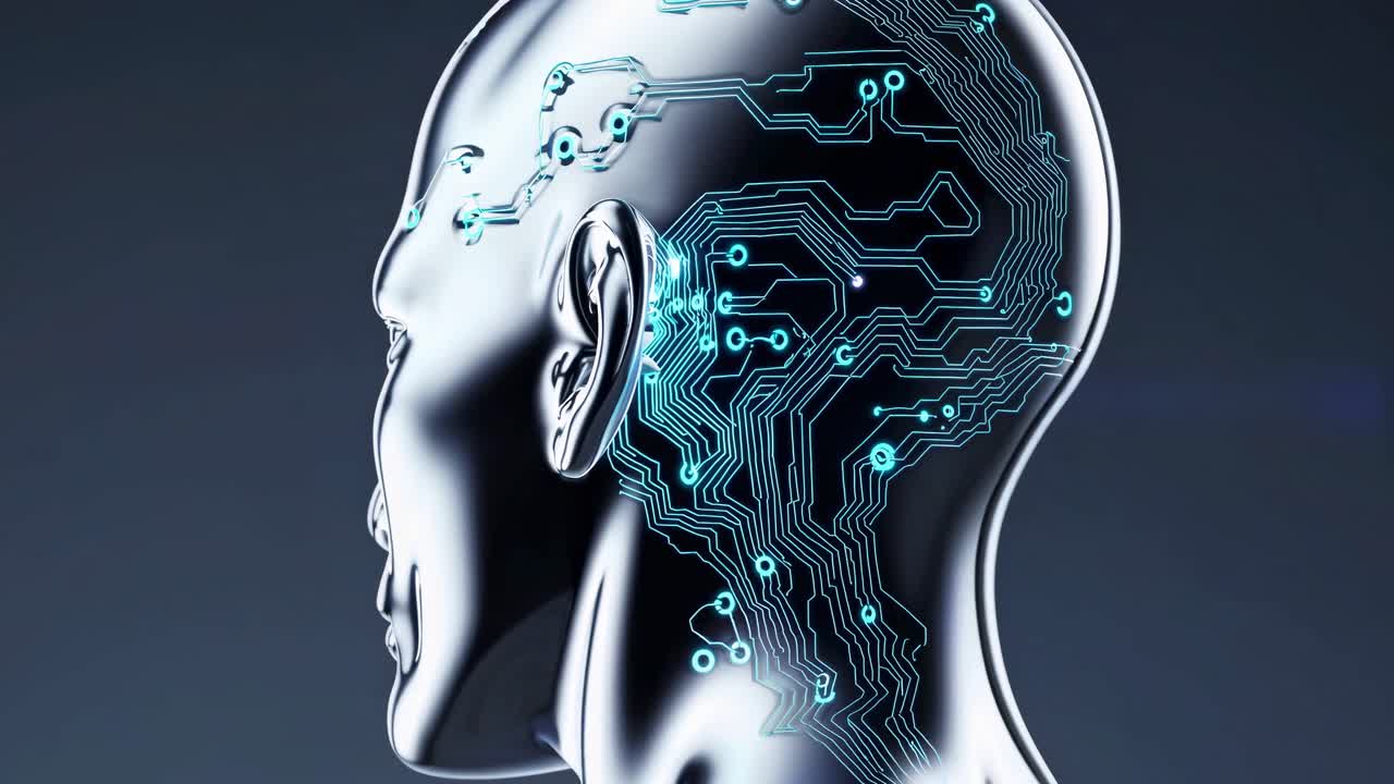 Side profile of a futuristic robotic head with circuit patterns, captured from a side angle