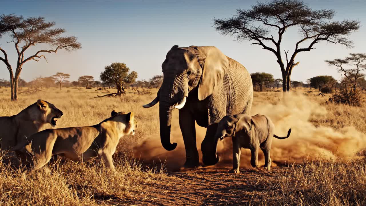 Elephants and Lions in African Savanna