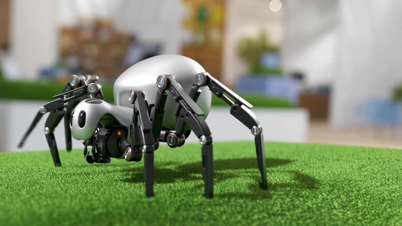 Small spider-like robot moves across bright green textured turf in softly lit office setting, with metallic joints, orange sensor lights, and shallow depth creating playful futuristic showcase