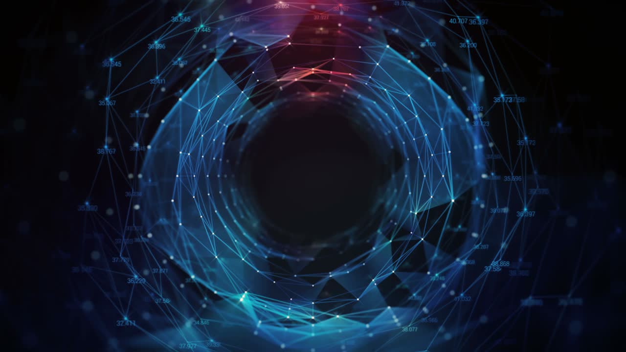 Looping Plexus technological digital Tunnel lines and dots connection Hi speed internet, transfering data NFT HUD.Titles and logo template.Seamless digital Plexus Tunnel zoom in animation.Type 2