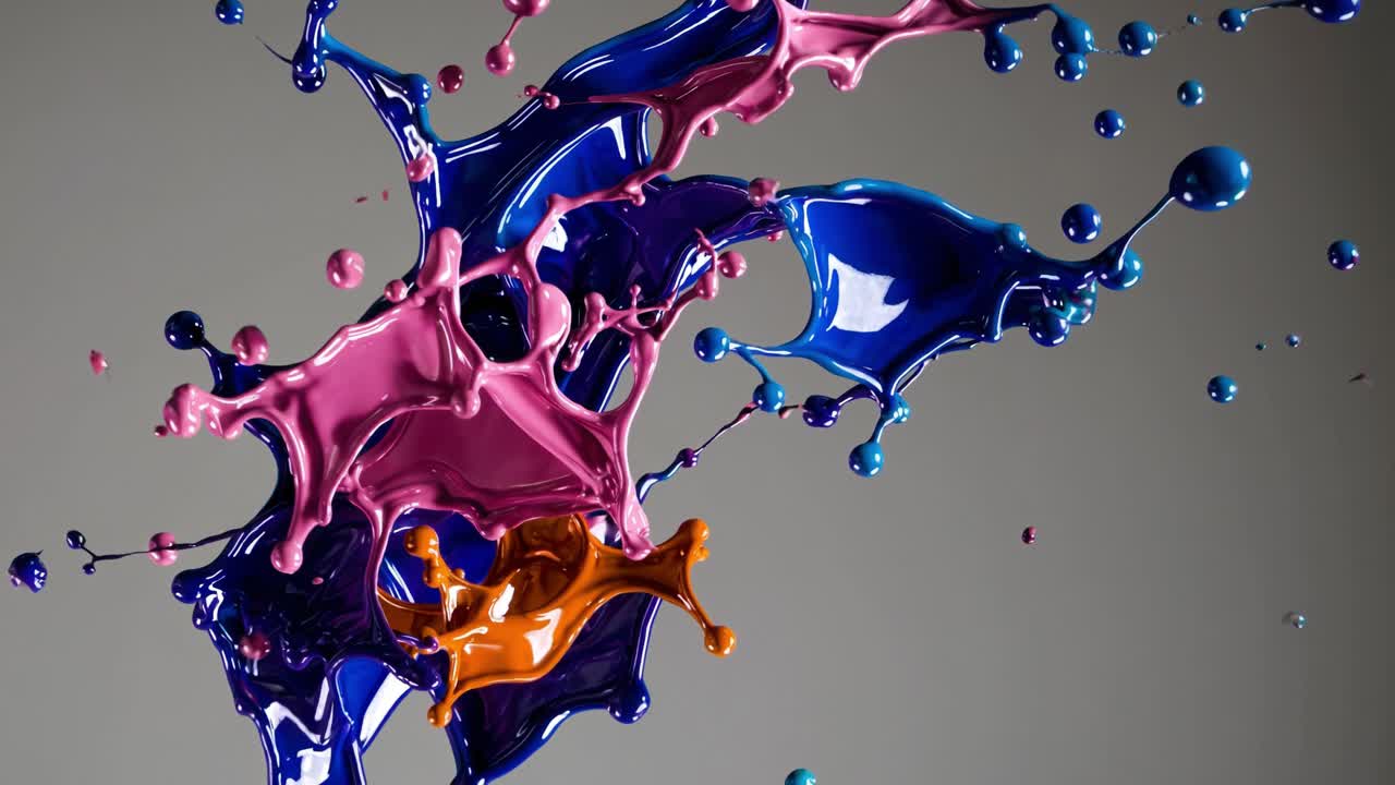 Vibrant splashes of blue, pink, and purple paint are dramatically displayed against a neutral background. The paint strikes the air, creating intriguing shapes and fluid movements that capture the essence of creativity. As each drop falls, the interplay of colors forms mesmerizing patterns, showcasi