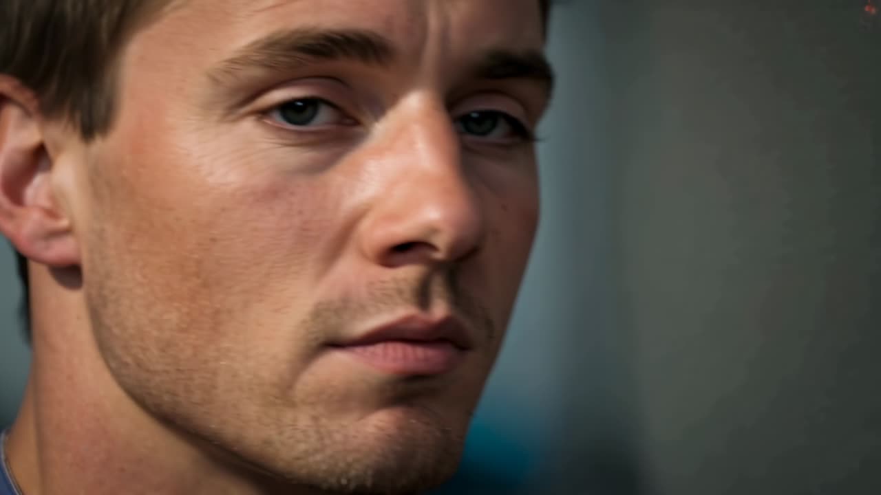 Responding to camera start, man opening eyes, turning to face camera in studio, with blue shirt