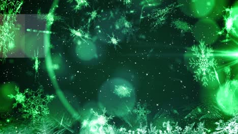 animación de copos de nieve, nieve y bokeh sobre un fondo verde