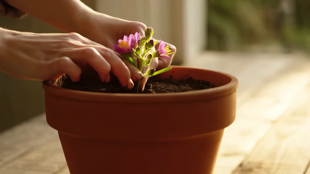 Mãos Plantando uma Pequena Planta Florida em um Vaso de Terracota