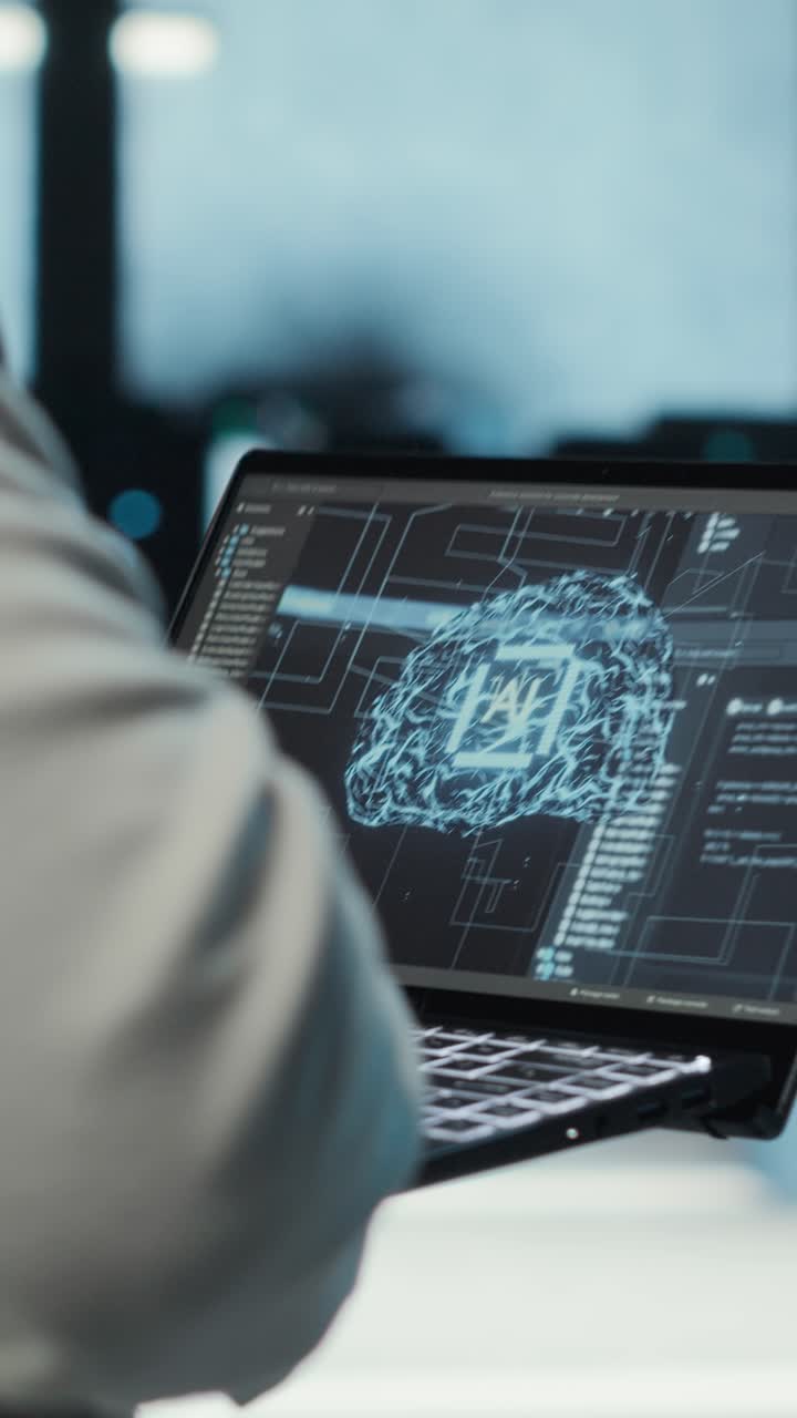Vertical video Server room system administrator using laptop to do AI automatization