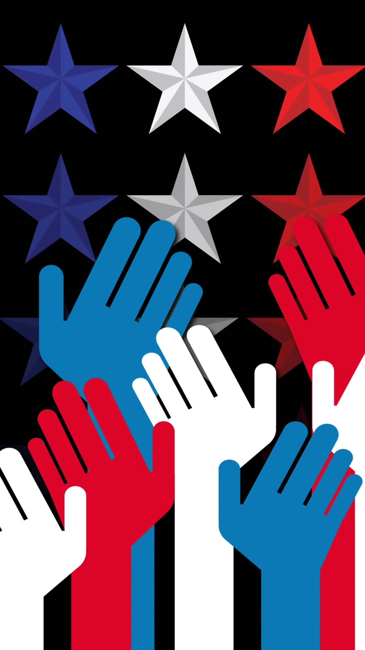 Animation of stars and hands of flag of united states of america over black background