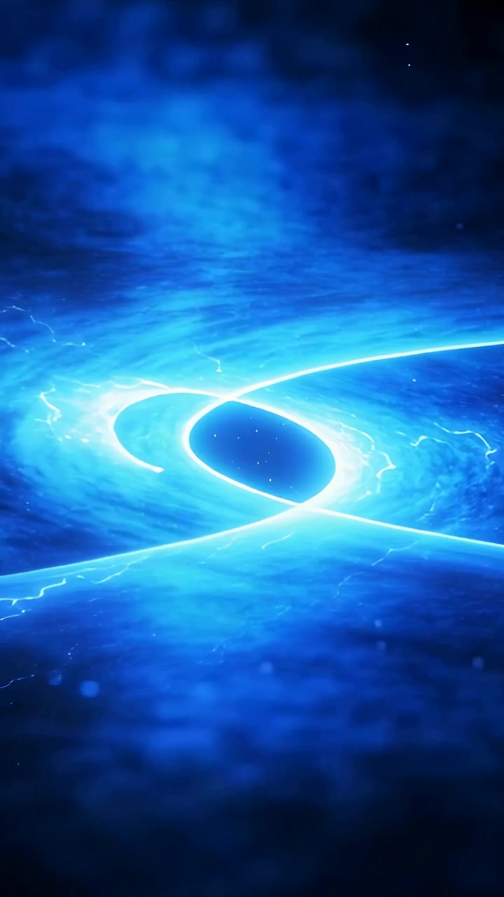 Video verticale: Telecamera che si allontana mostrando un anello blu che pulsa, si contorce nello spazio con plasma e v