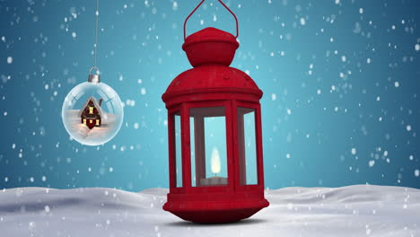 animación de la nieve cayendo sobre la decoración de navidad con linterna