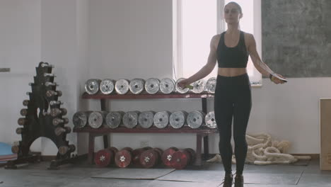 an athletic beautiful woman jumps over the rope in the gym