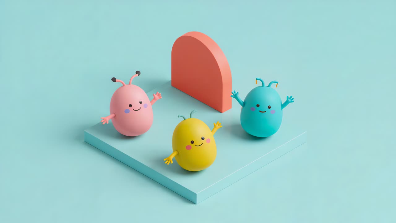 Sequence starting pastel egg friends waving and bobbing on platform with coral arch, as friends
