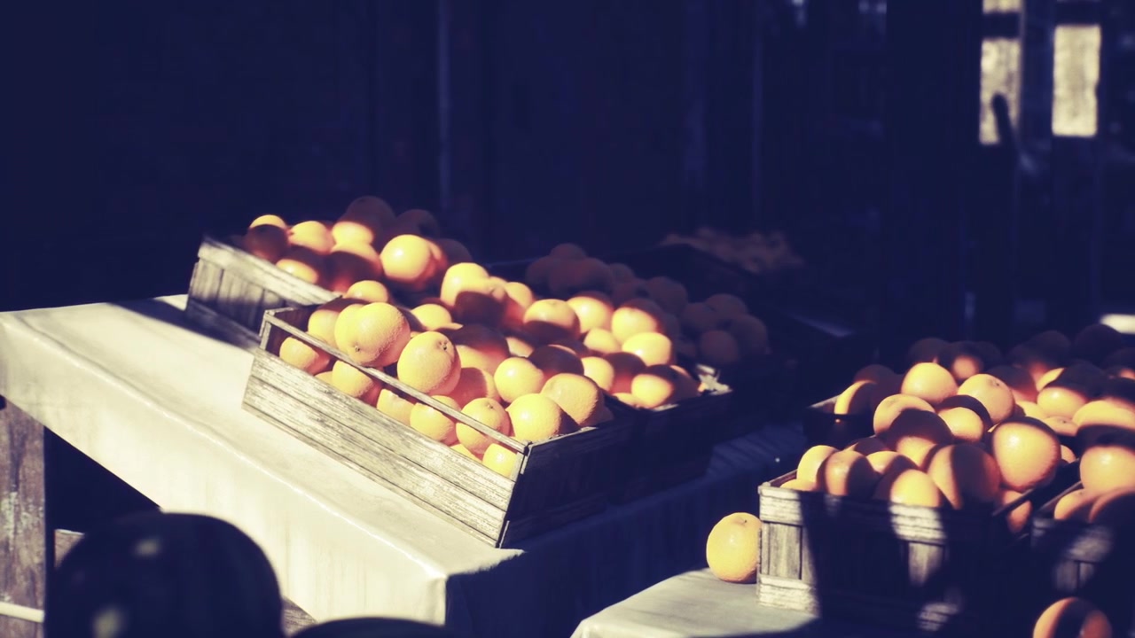 Warm glow highlights vibrant produce and nostalgic urban market ambiance